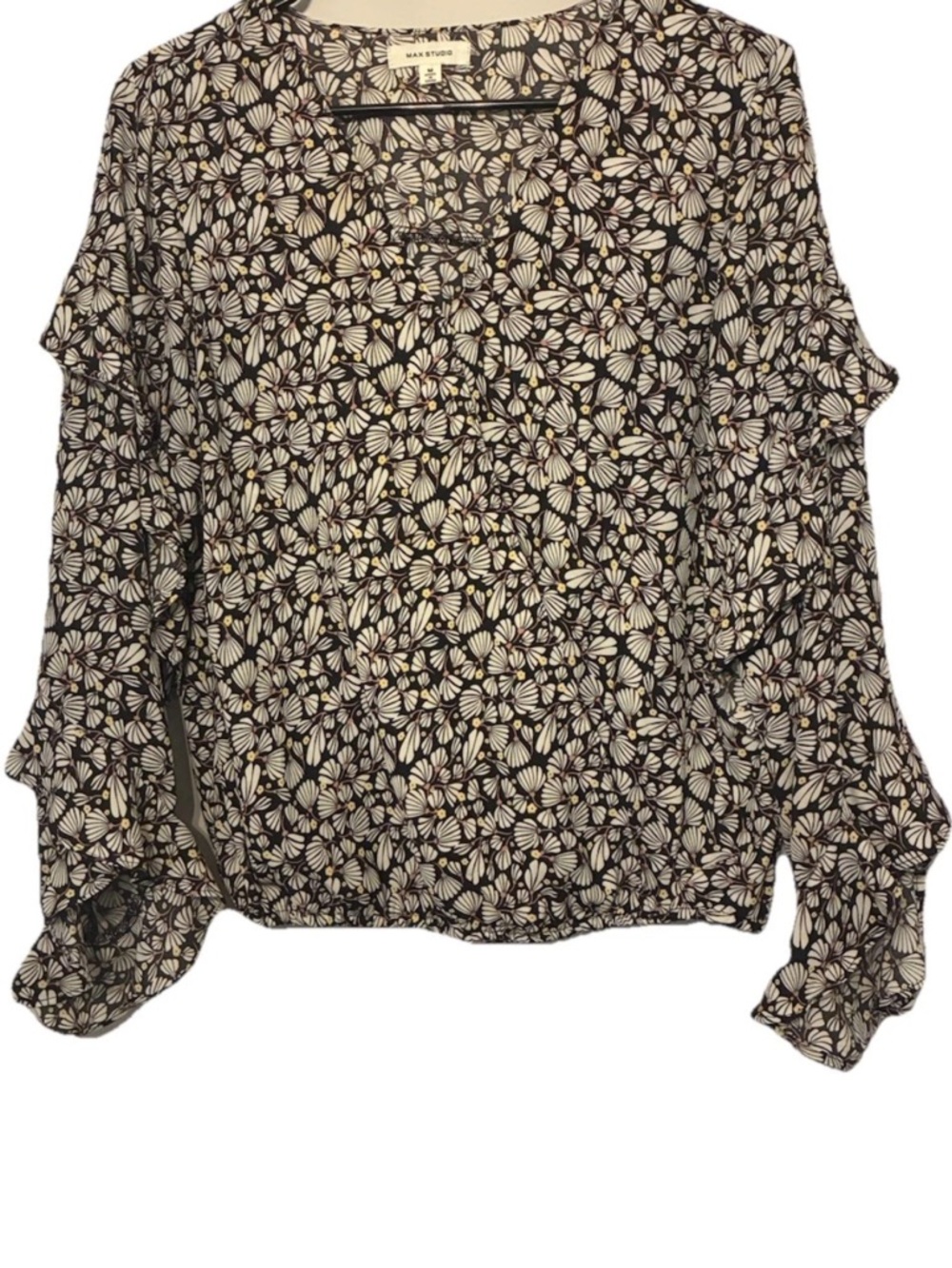 Max Studio Floral Boho Blouse Black Cream Print Size M Long Sleeve